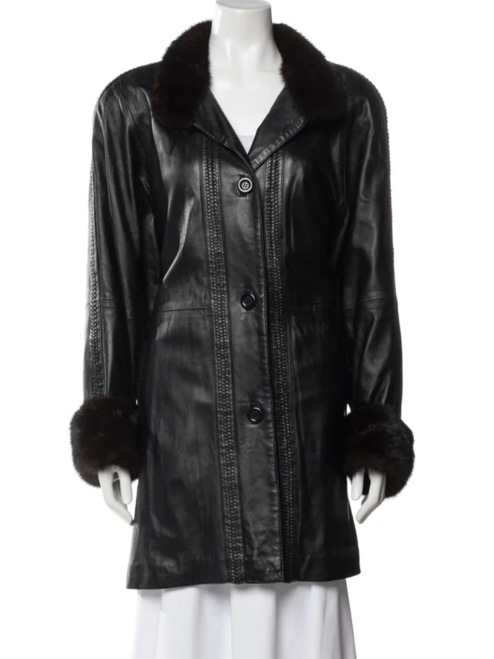 Chosen Couture Collection Black Leather Coat With Real Mink Fur Accents L/XL